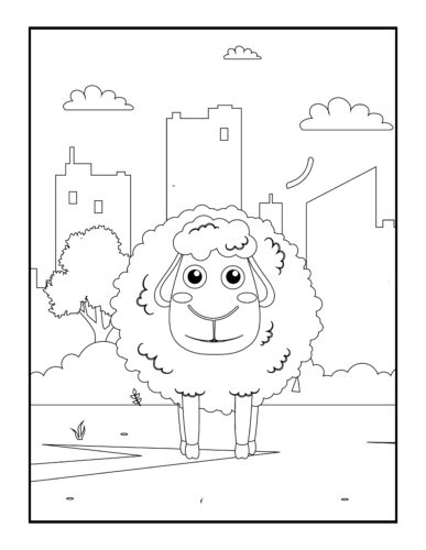 Cute sheep in city scene