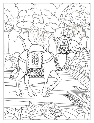 Decorated camel in jungle setting