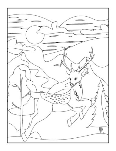 Deer jumping through winter mountain landscape