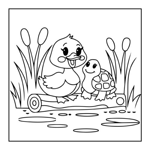 Duck and turtle on log