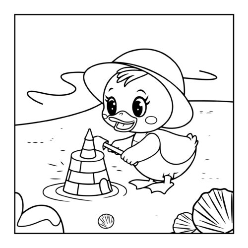 Duck building sandcastle at beach