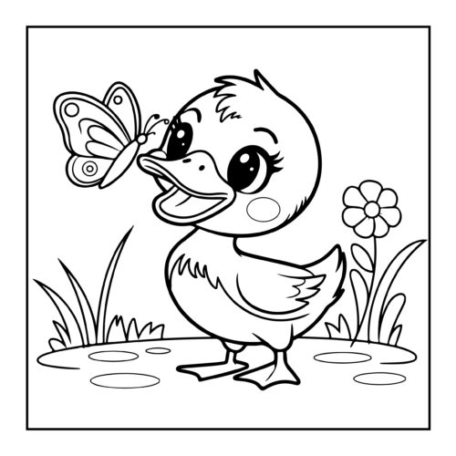 Duck catching butterfly near flower