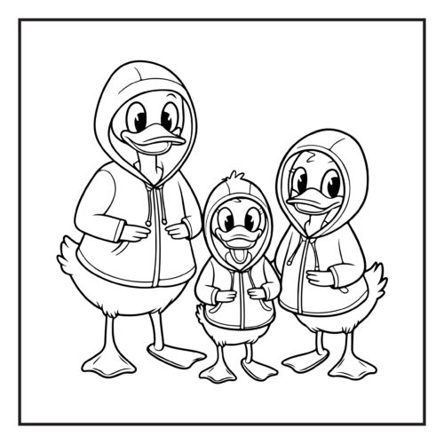 Duck family wearing rain hoodies