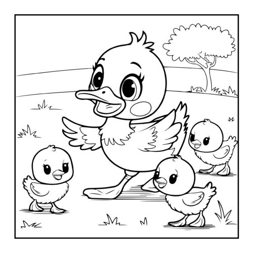 Duck family with three ducklings