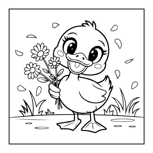 Duck holding flower bouquet happily