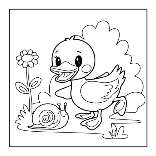 Duck meeting snail by tree
