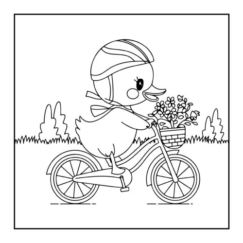 Duck riding bicycle with flowers