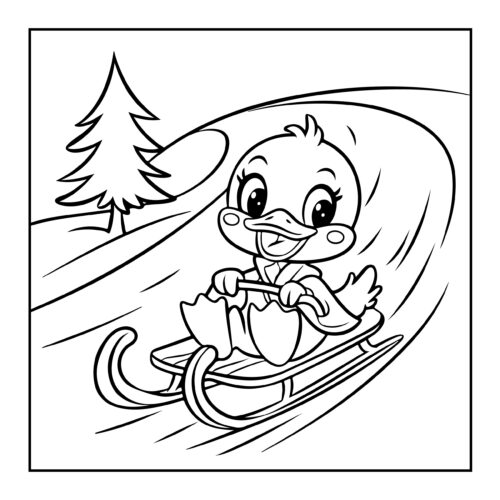 Duck sledding down snowy hill