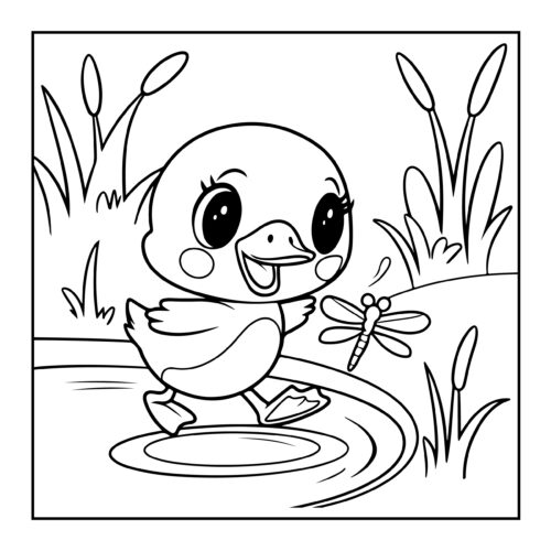 Duck splashing by pond dragonfly