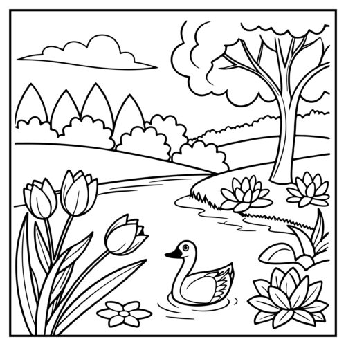 Duck swimming in flower pond
