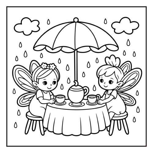 Fairies having tea under umbrella