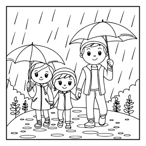 Family walking with umbrellas together
