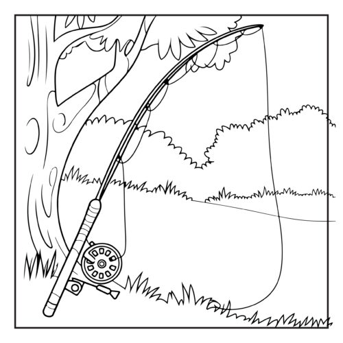 Fishing rod leaning against lakeside tree