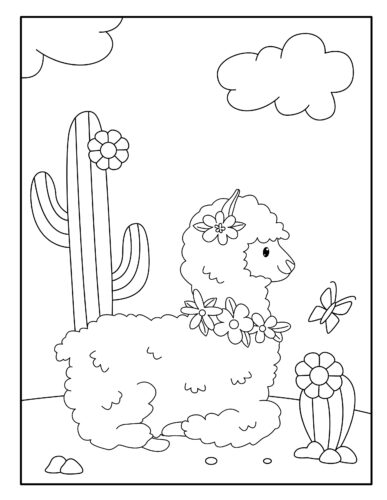 Flower crowned llama in desert scene