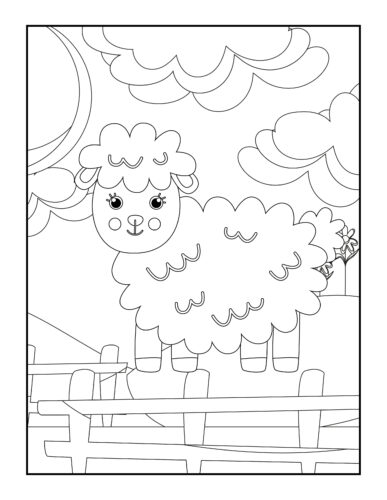 Fluffy sheep behind wooden fence