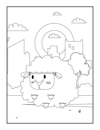 Fluffy sheep with rainbow backdrop