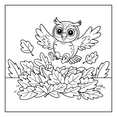 Flying owl with autumn leaves