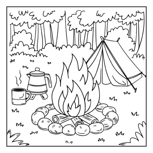 Forest campfire with coffee and tent