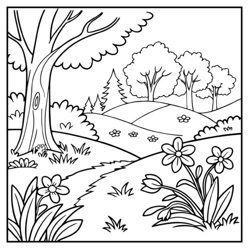 Forest path with wildflowers blooming