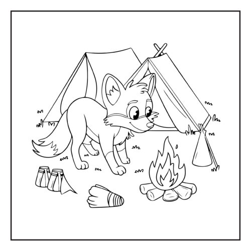 Fox near tent and campfire