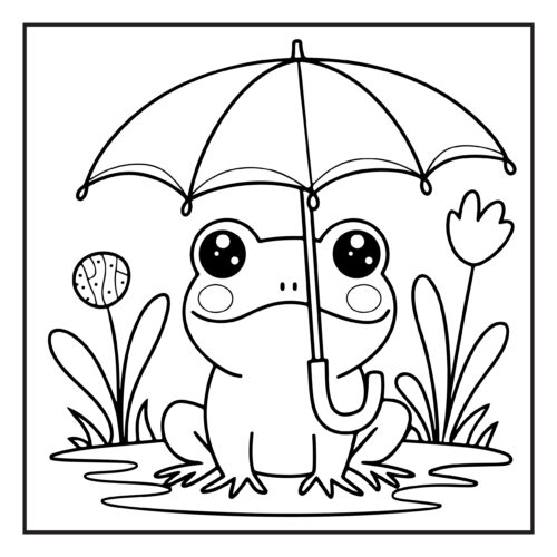 Frog sitting under colorful umbrella