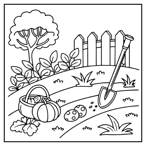 Garden tools with harvest vegetables
