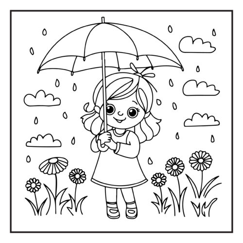 Girl with umbrella among flowers
