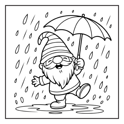 Gnome dancing with umbrella happily