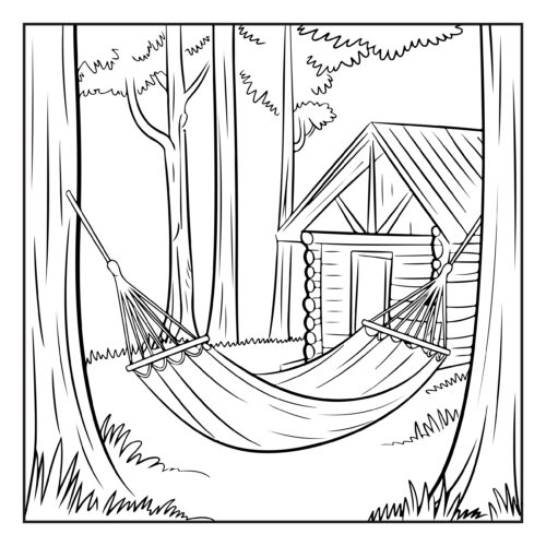 Hammock between trees log cabin