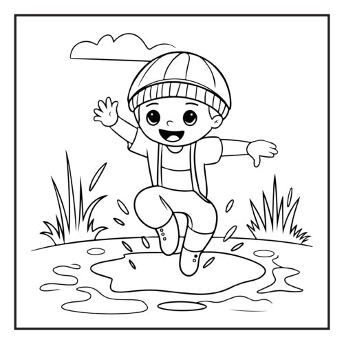 Happy child jumping in puddles
