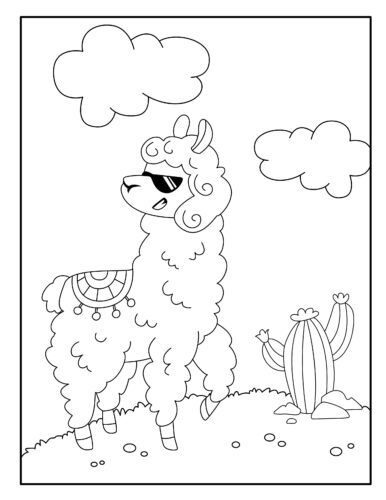 Happy llama with desert cactus