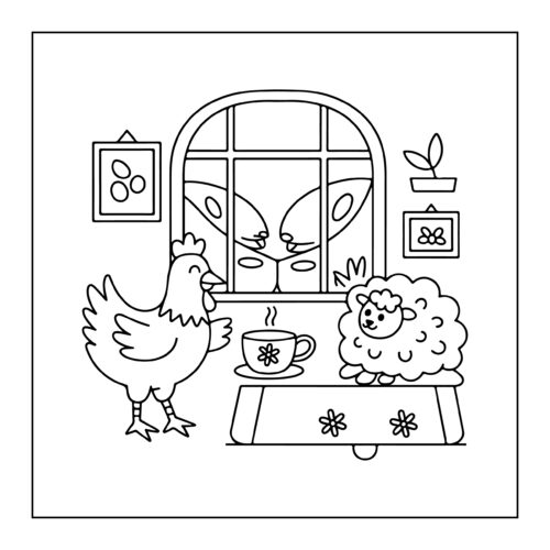 Hen and sheep having tea
