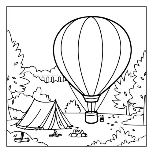 Hot air balloon over camping site