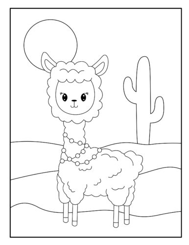 Llama with beaded necklace, cactus