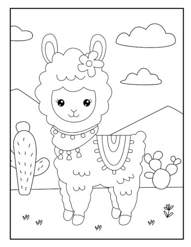 Llama with flower, mountain backdrop