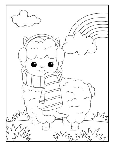 Llama with scarf and rainbow