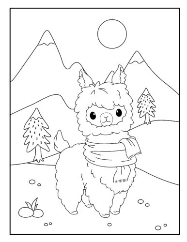 Llama with scarf, snowy mountains