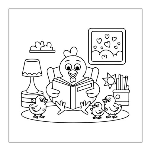 Mother hen reading to chicks