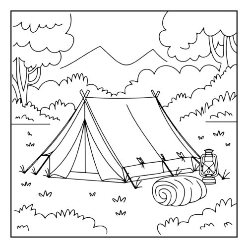 Mountain camping tent with hiking gear