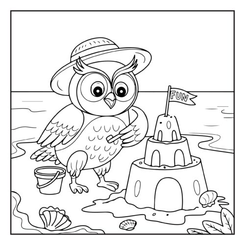Owl building sandcastle at beach