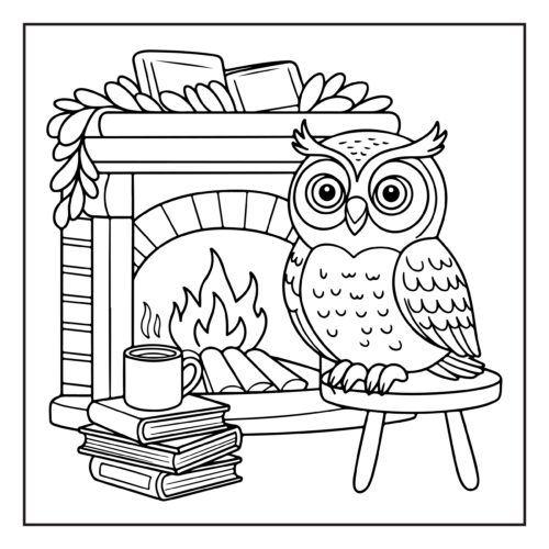 Owl by cozy fireplace scene