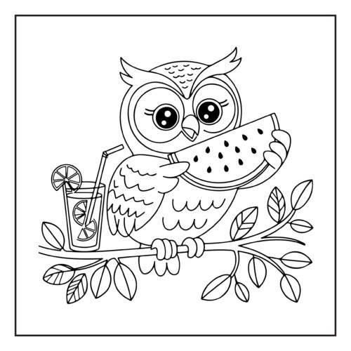 Owl eating watermelon on branch