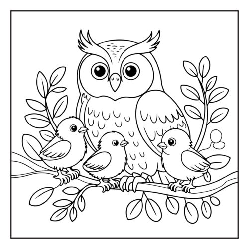 Owl family on tree branch