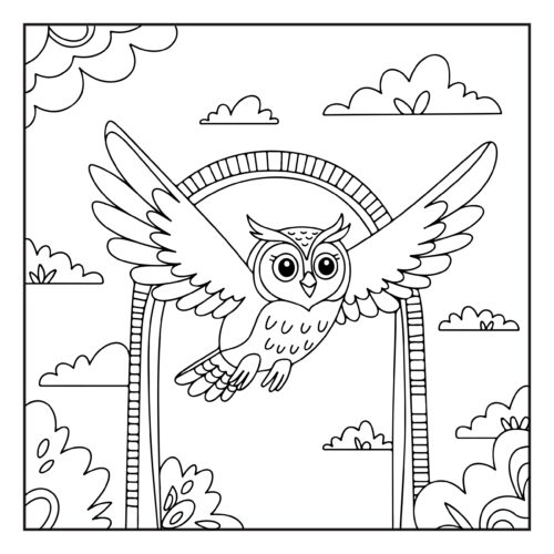 Owl flying through garden archway