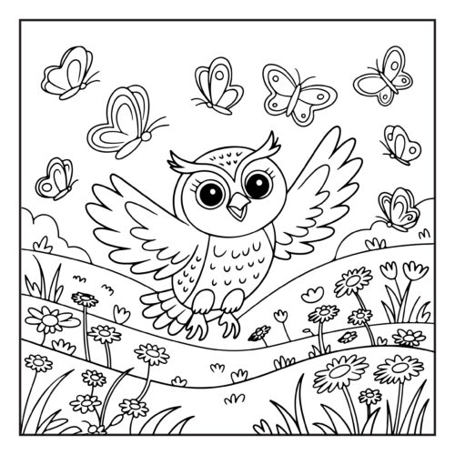 Owl flying with colorful butterflies