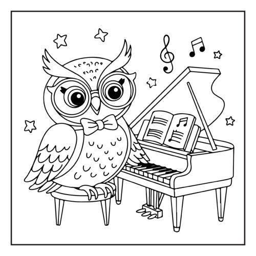 Owl playing piano with stars