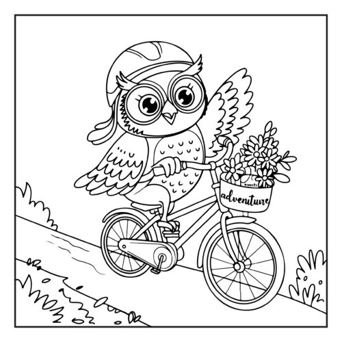 Owl riding bicycle with flowers