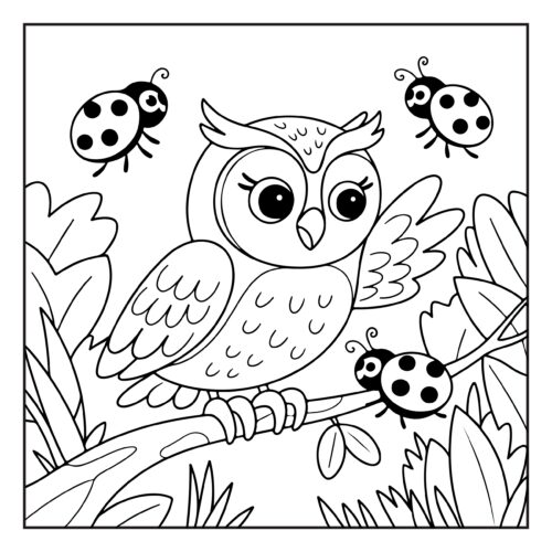 Owl with ladybugs and leaves