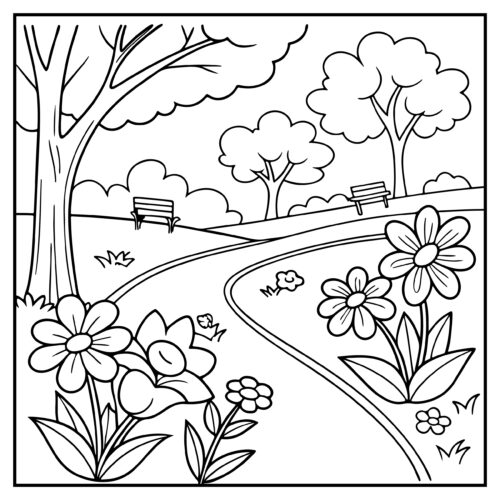 Park path with flowering trees