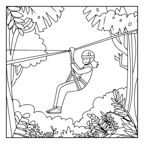 Person zip lining through jungle tree canopy